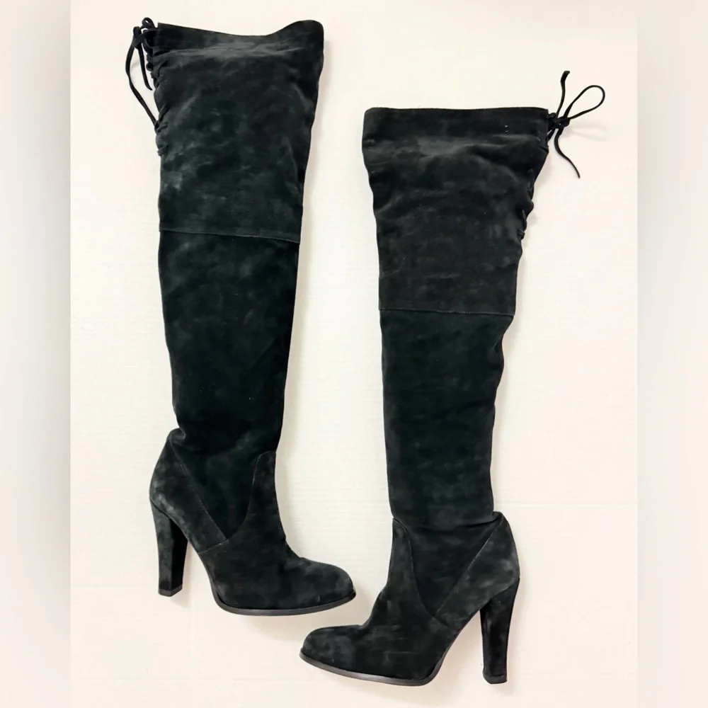 Womens Black Real Suede Knee High Heel Boots - Size 7.5 / 38.5 - Picture 9 of 11